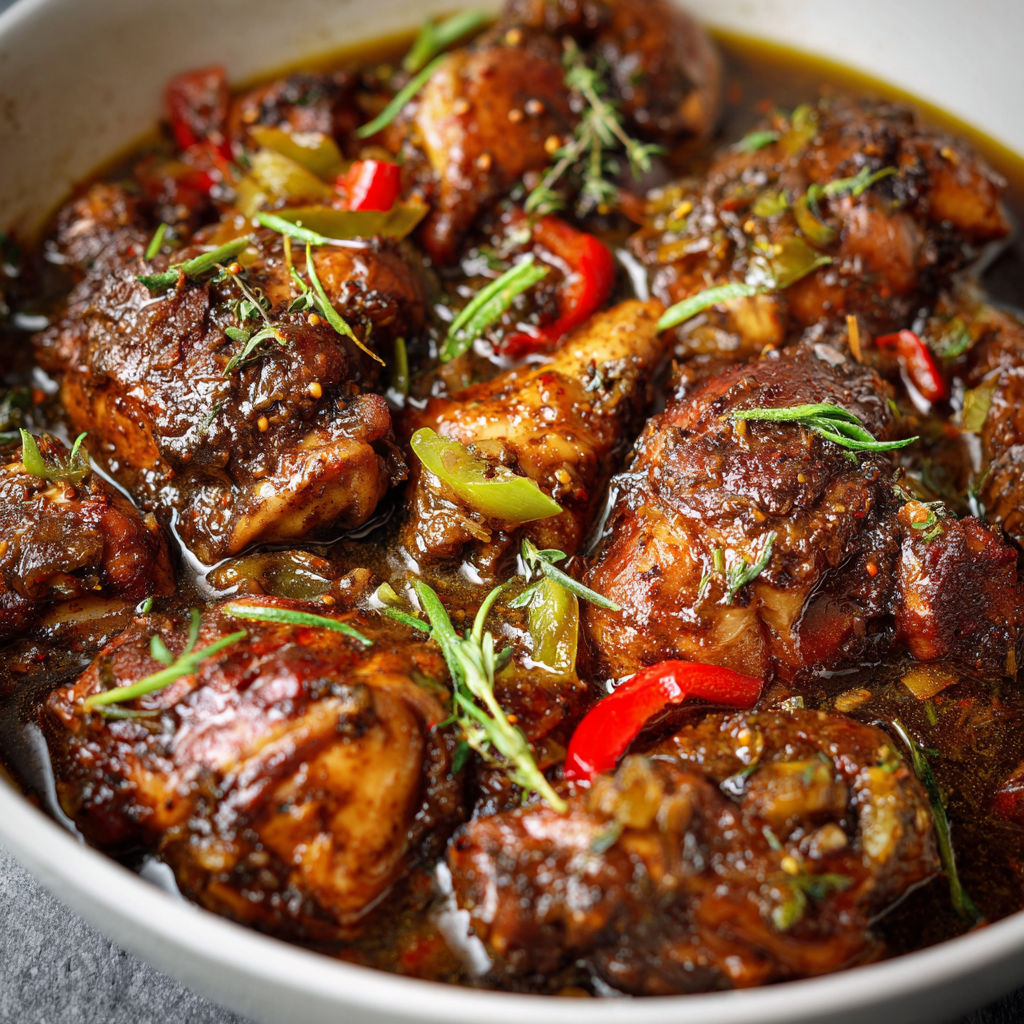 A bowl of brown stew chicken with peppers and onions.