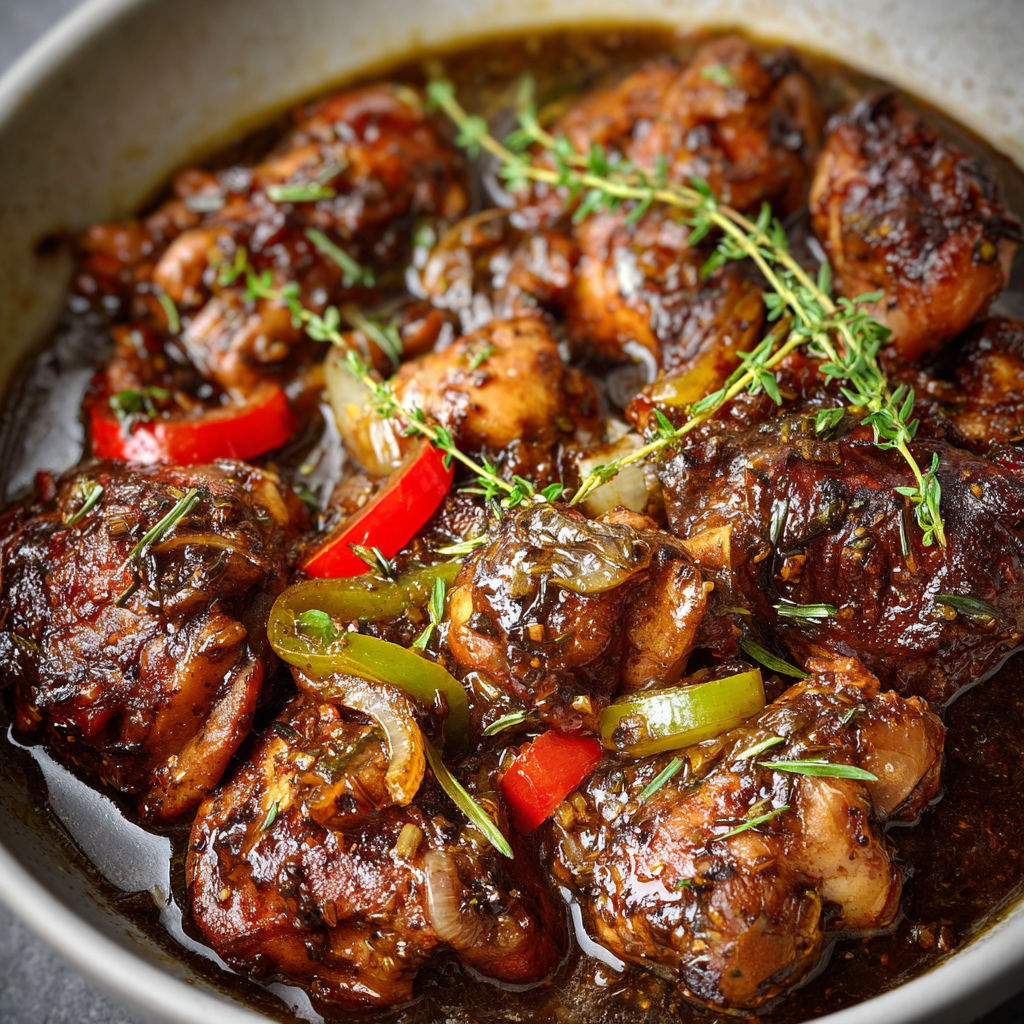 A bowl of chicken with onions and peppers, cooked in a spicy sauce.