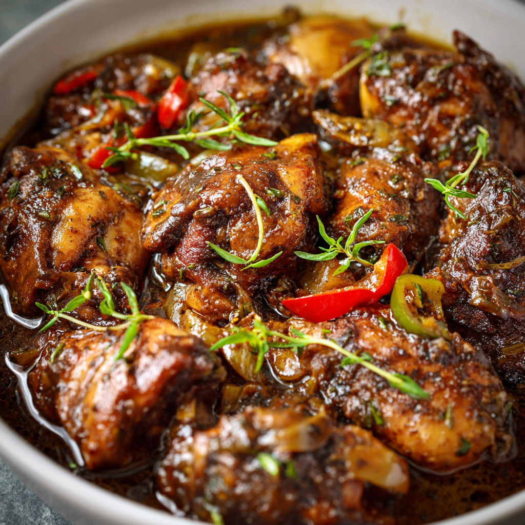 A bowl of chicken stew with peppers and onions.