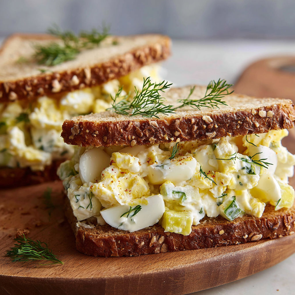A protein-packed cottage cheese egg salad sandwich is served on a wooden cutting board.