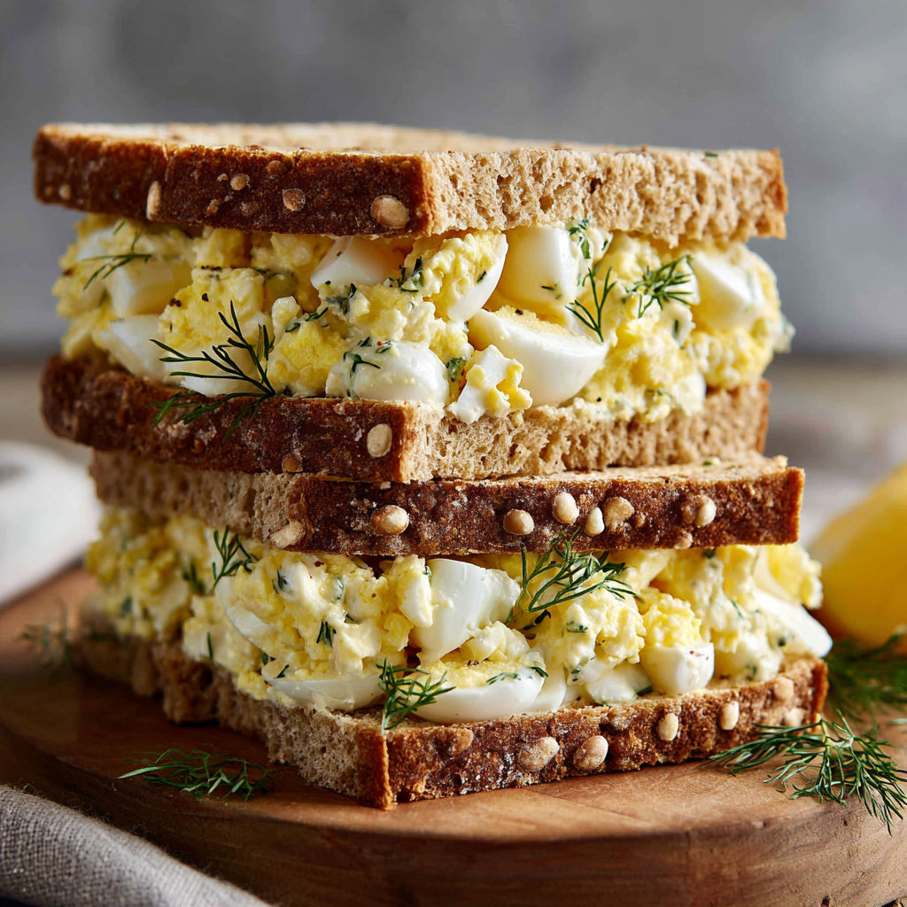 A stack of three cottage cheese egg salad sandwiches on a wooden cutting board.