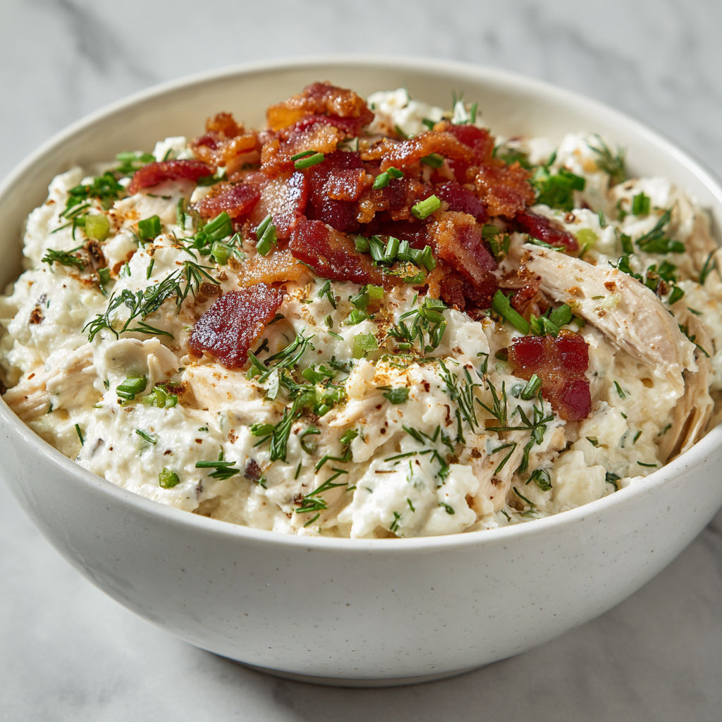 A bowl filled with a delicious chicken bacon ranch cottage cheese dish.