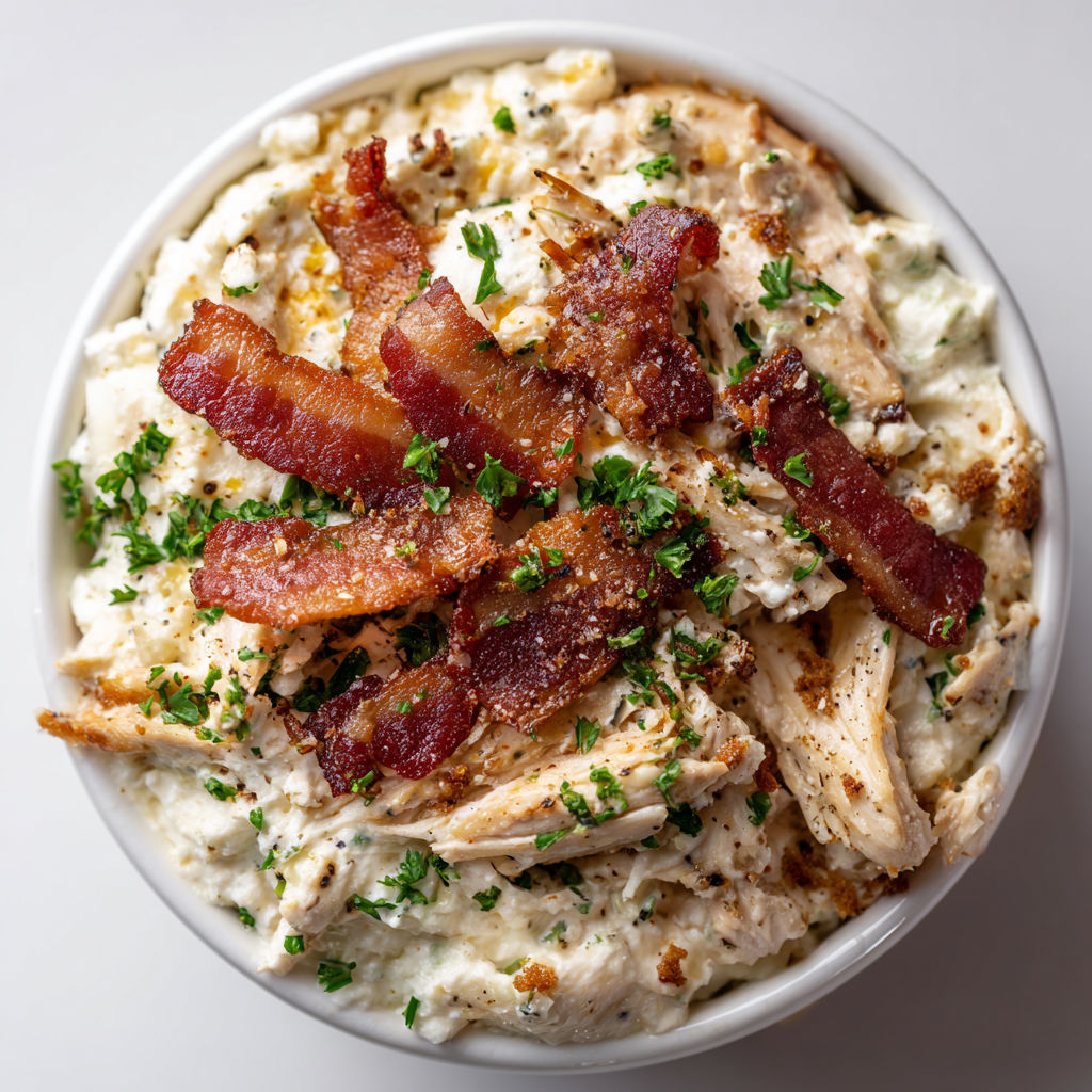 A bowl of chicken and bacon casserole with a green garnish.