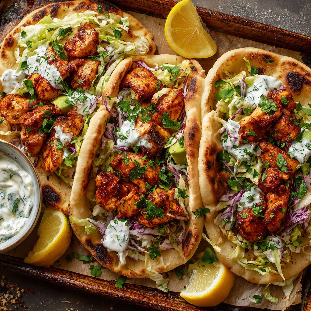A wooden cutting board with a variety of food items, including chicken, vegetables, and a lemon wedge.