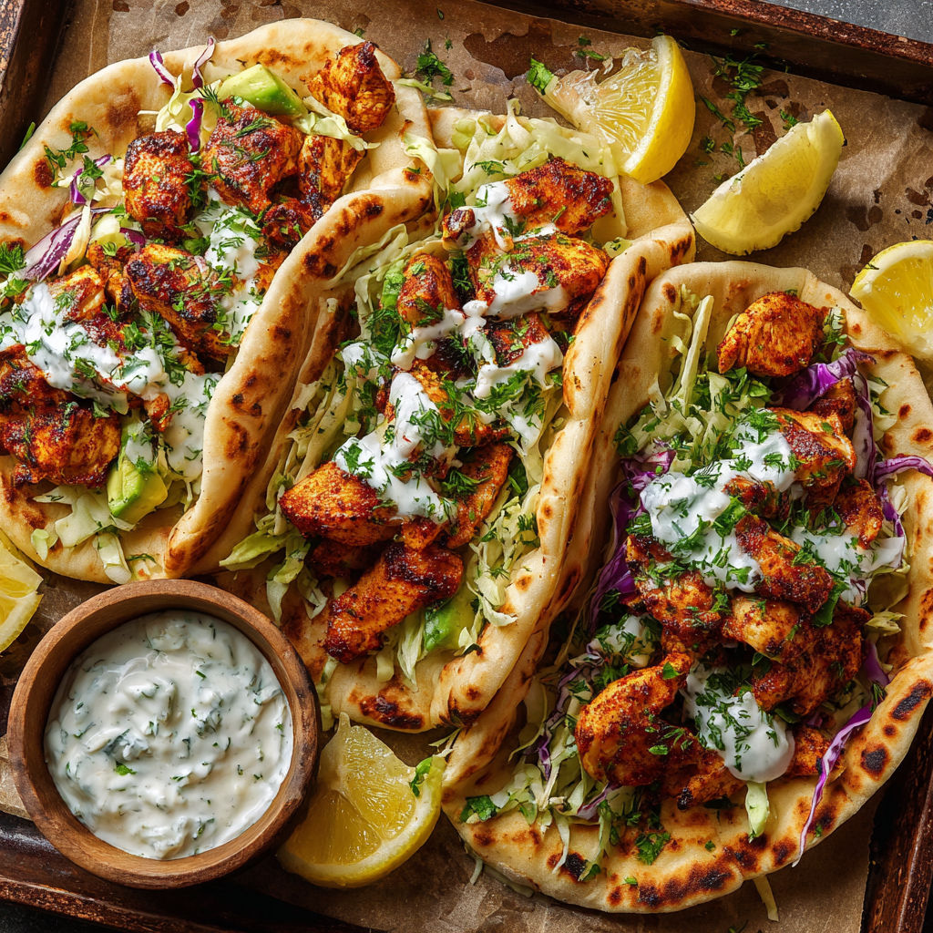 A delicious meal of chicken tacos with a side of lemonade.
