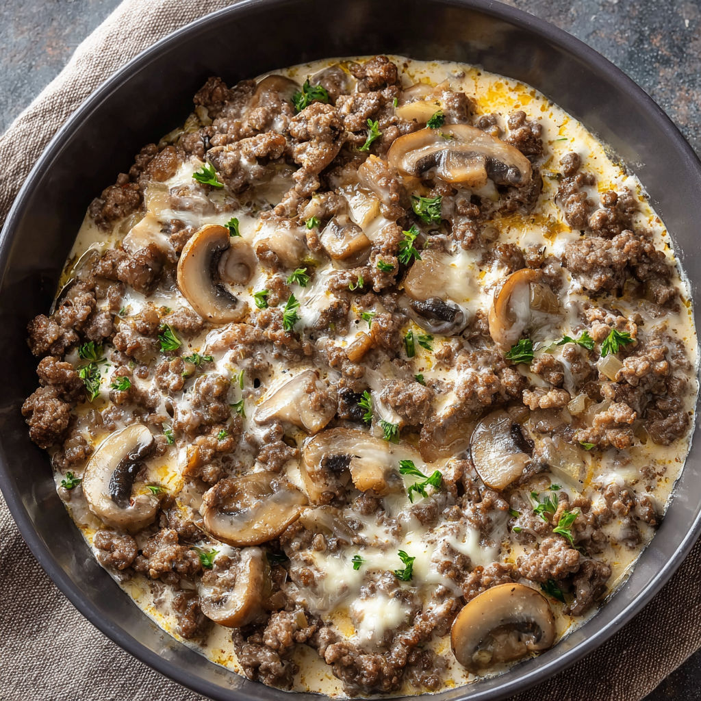A bowl of beef and mushroom stew with a spoon resting on top.