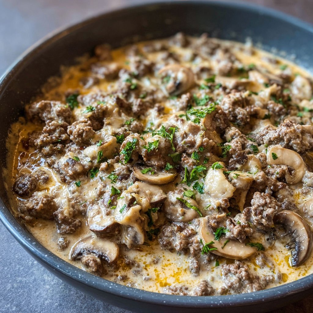 A bowl of meat and mushrooms, possibly a beef and mushroom stew, is served in a bowl.