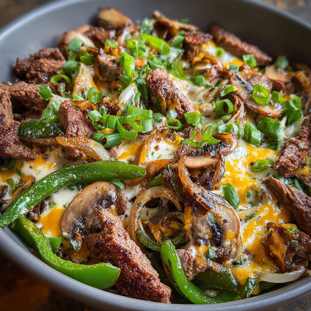A delicious Low Carb Steak Taco Bowl filled with meat, mushrooms, peppers, and onions, all served in a bowl.