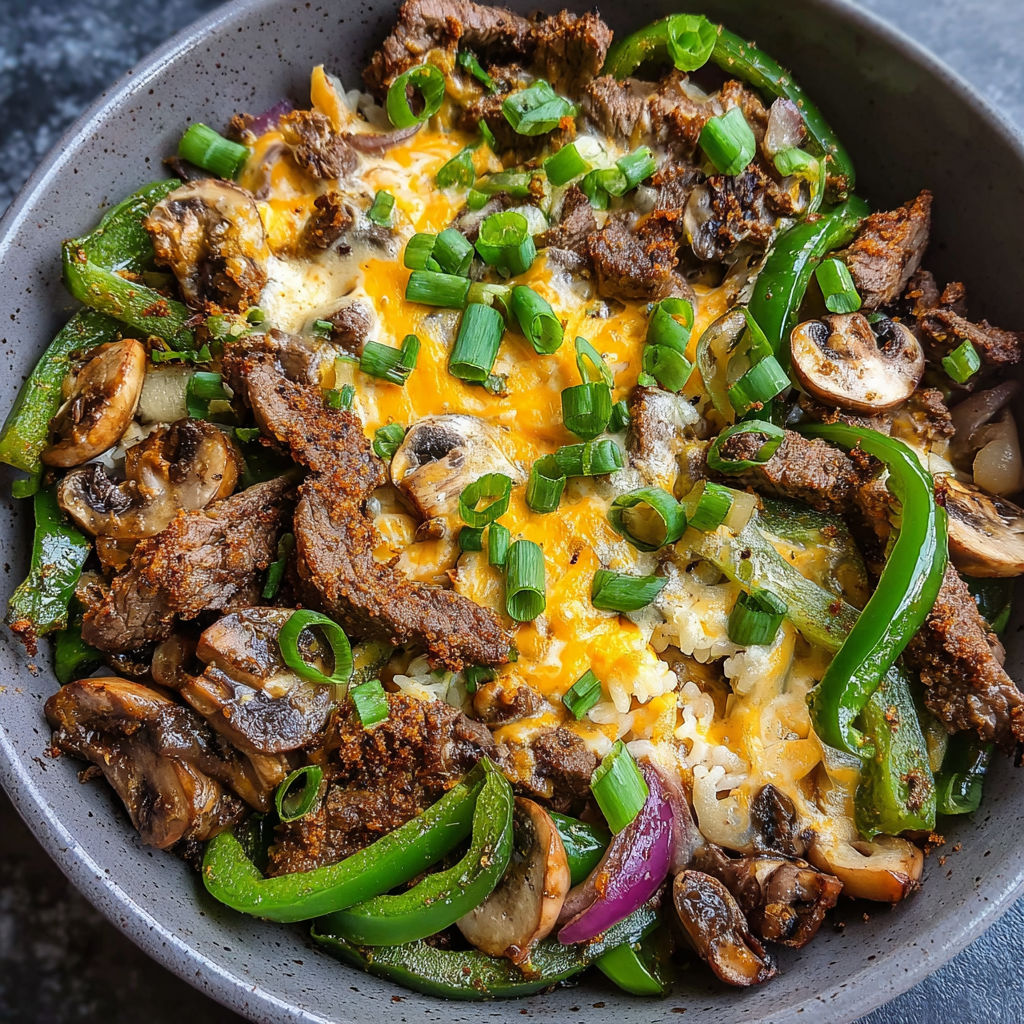 A bowl of food with a variety of ingredients, including mushrooms, peppers, and meat, is presented on a table. The dish appears to be a delicious and hearty meal, possibly a steak and mushroom stir fry.