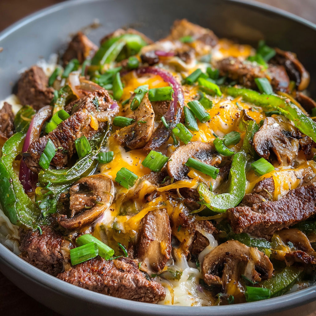 A bowl of beef and mushroom stir fry with green peppers and onions.
