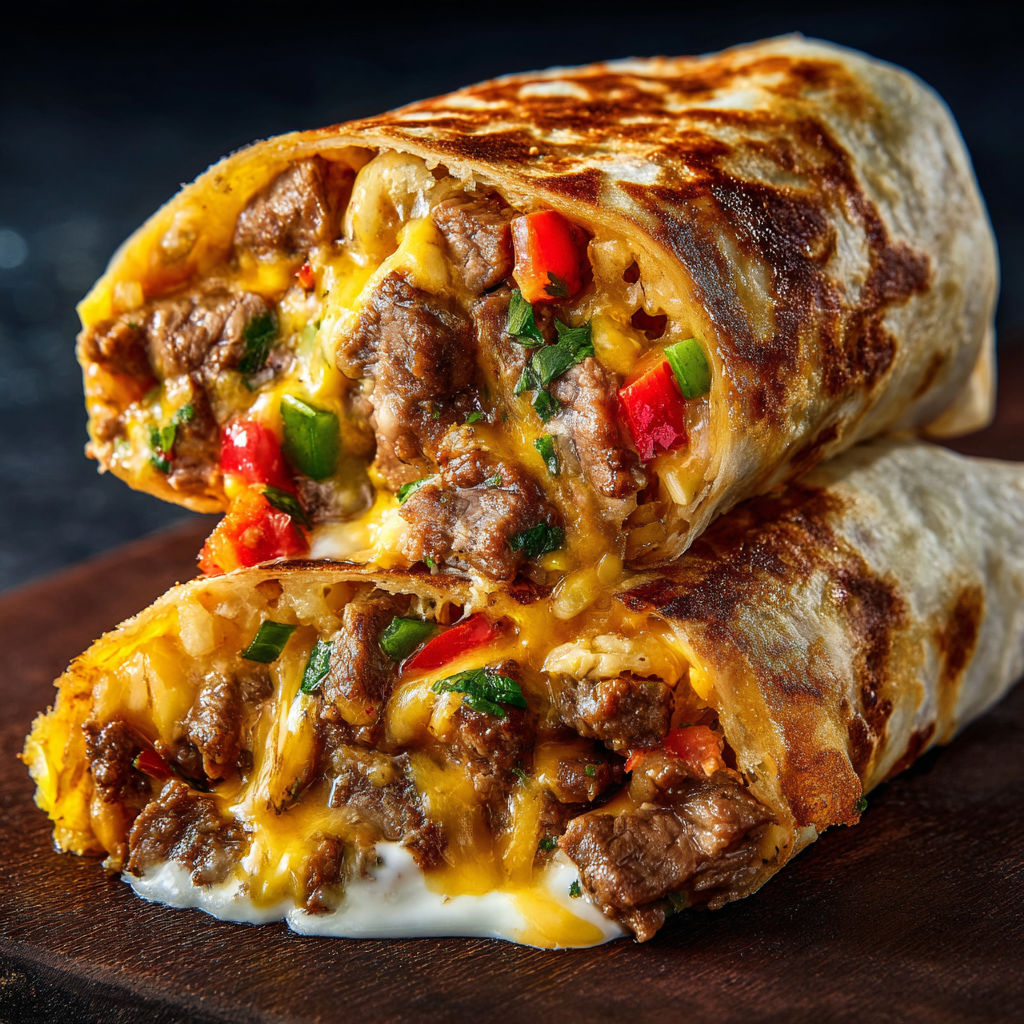 A delicious burrito filled with meat and vegetables is displayed on a wooden table.