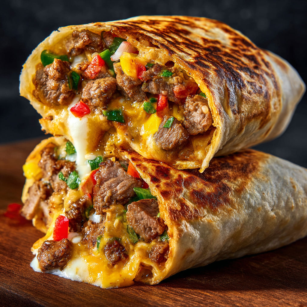 A delicious burrito filled with meat, cheese, and vegetables, ready to be enjoyed.