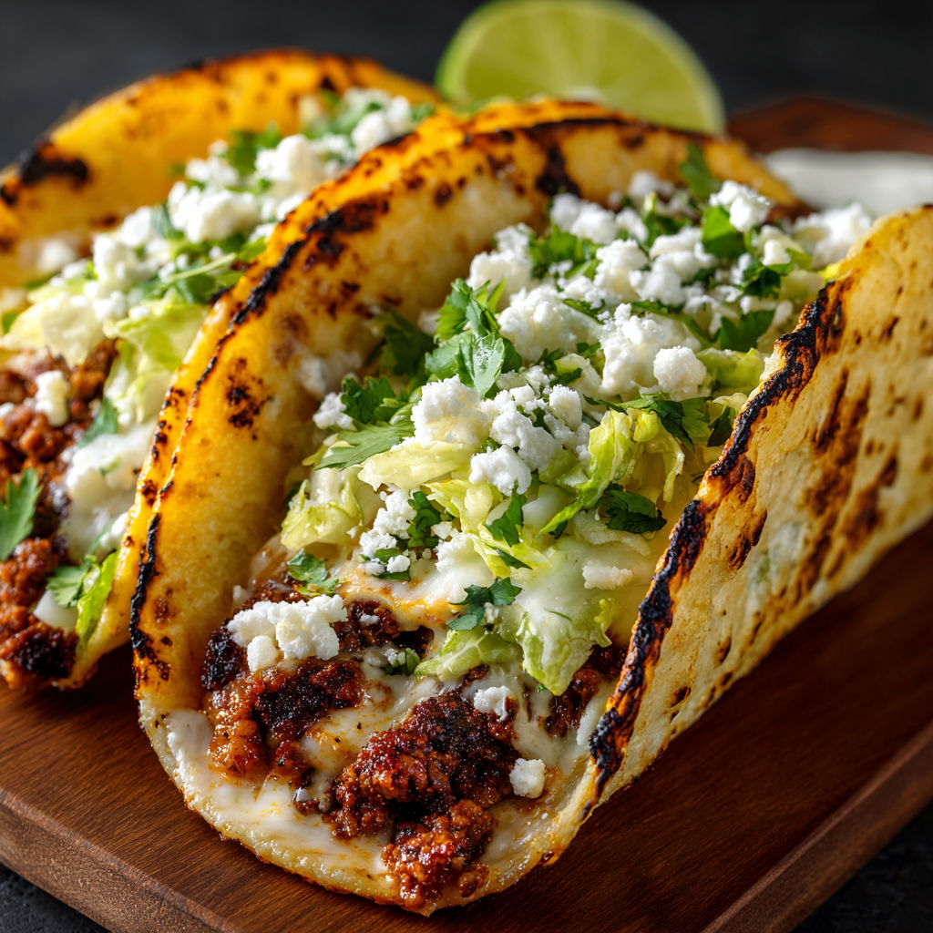 A delicious meal of two tacos filled with meat and cheese, served on a wooden cutting board.