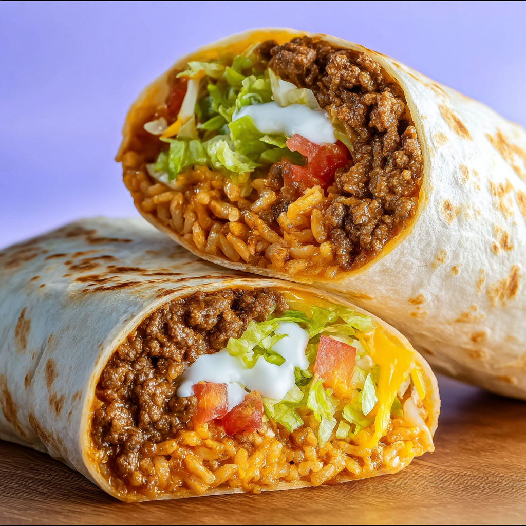 Two burritos filled with beef and rice are served on a table.
