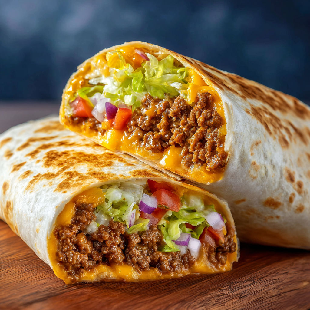 A delicious burrito filled with meat, lettuce, and tomatoes is served on a wooden table.