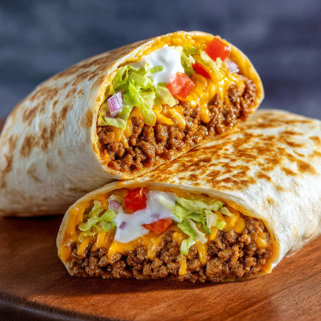A delicious burrito filled with meat, cheese, and tomatoes sits on a wooden cutting board.