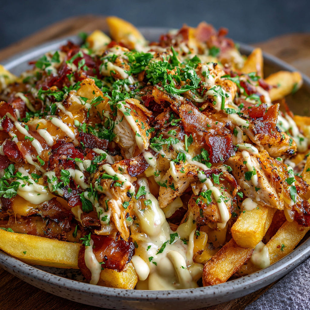 A delicious meal of Dirty Chicken and Bacon Loaded Fries.