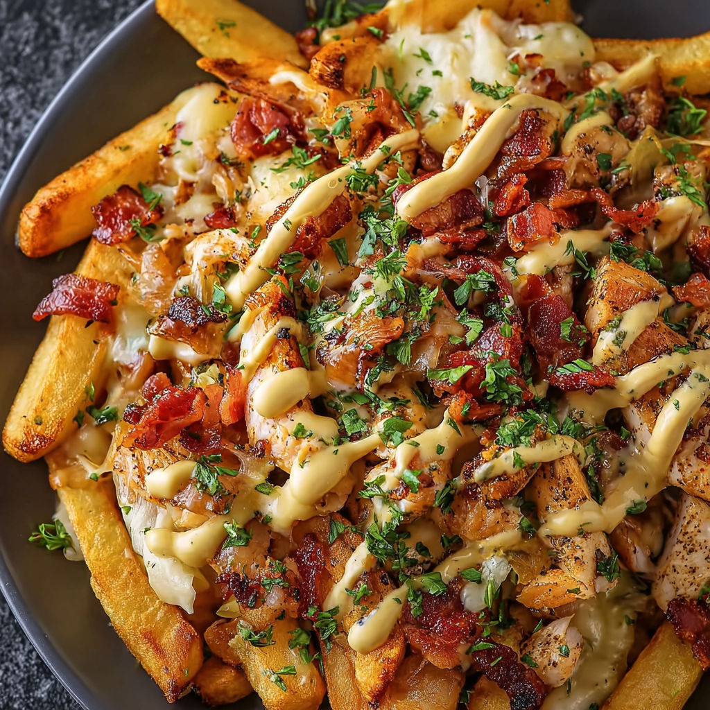 A plate of bacon and cheese covered french fries.