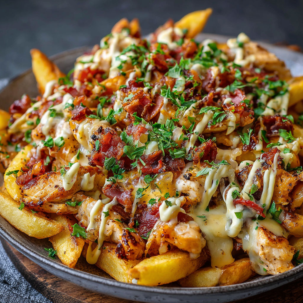 A delicious meal of chicken and bacon covered in cheese and sauce, served on a plate with a side of fries.