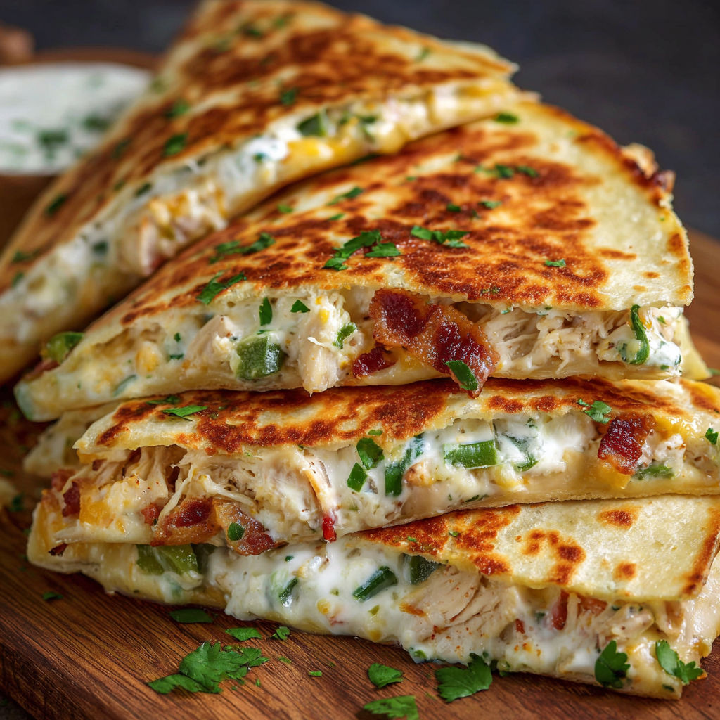 A delicious Jalapeno Popper Chicken Quesadilla is stacked on a wooden cutting board.