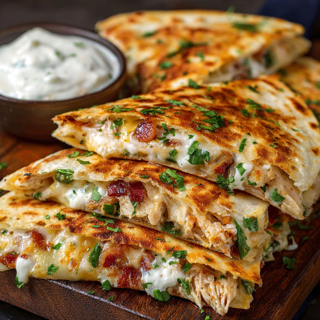 A stack of chicken enchiladas with a side of sour cream.