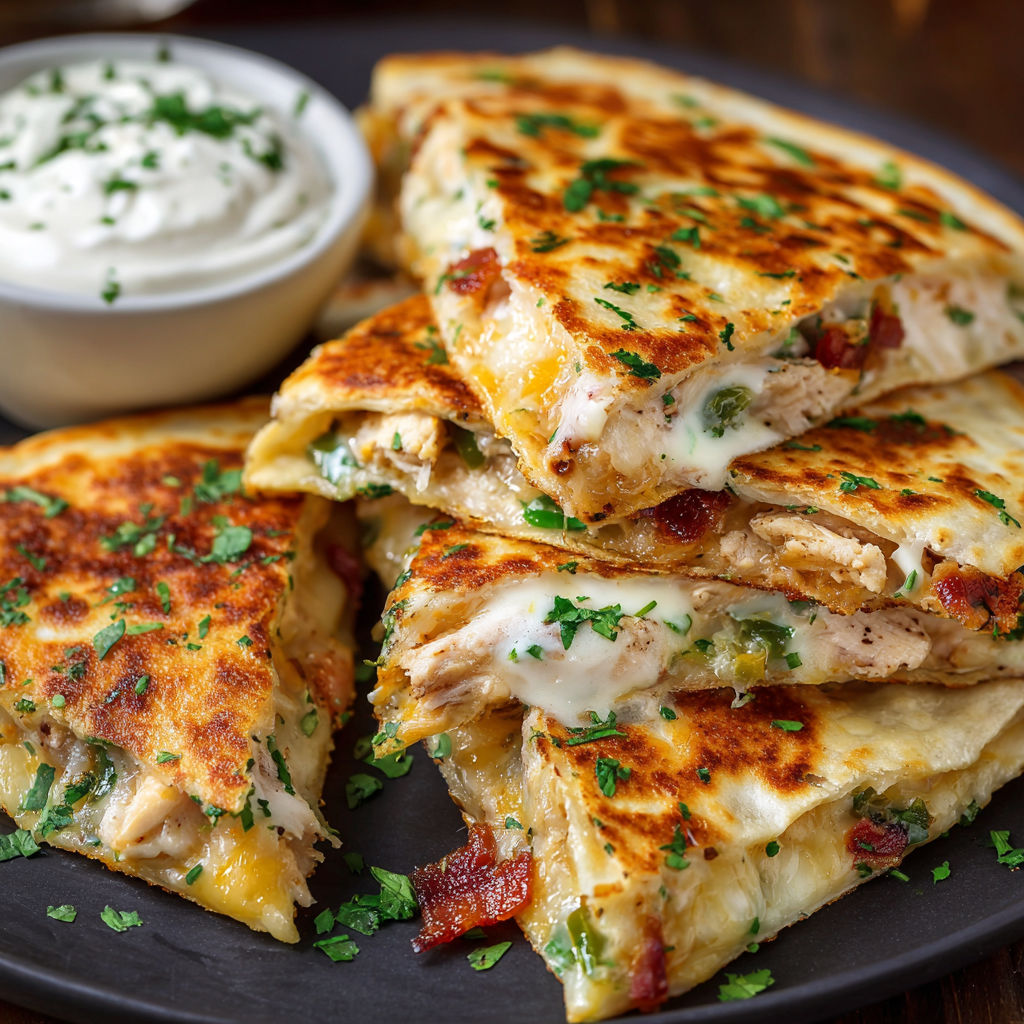 A plate of chicken and bacon sandwiches with a side of ranch dressing.