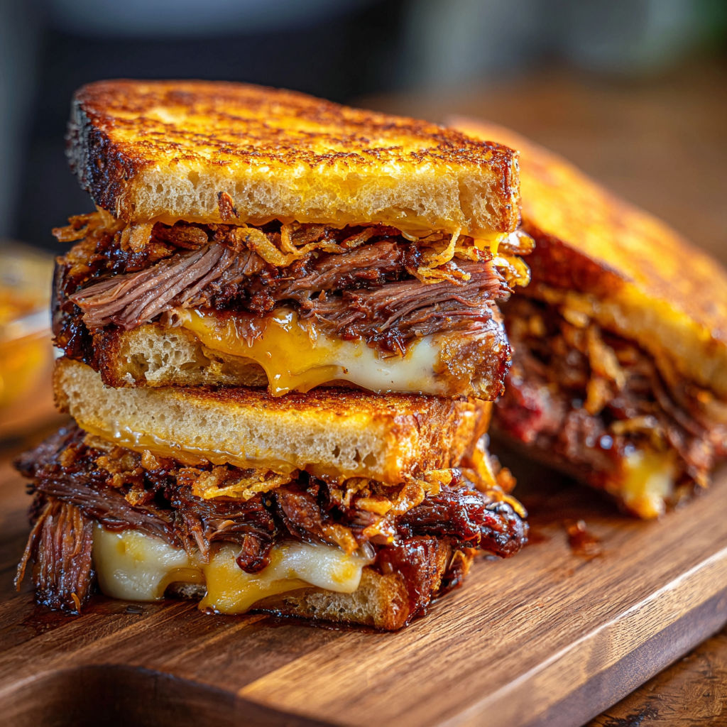 A delicious sandwich made with beef, cheese, and bacon, served on a wooden cutting board.