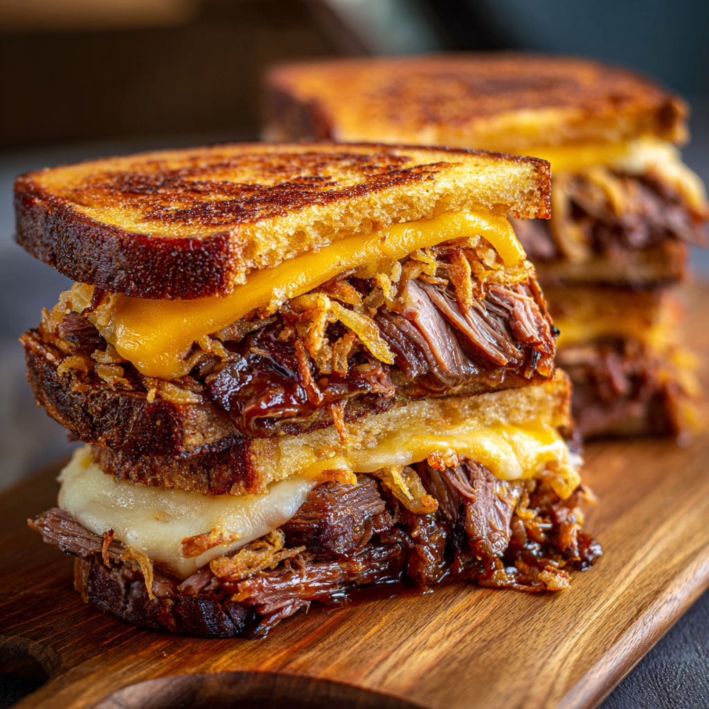A delicious sandwich made with pulled pork and cheese, served on a wooden cutting board.