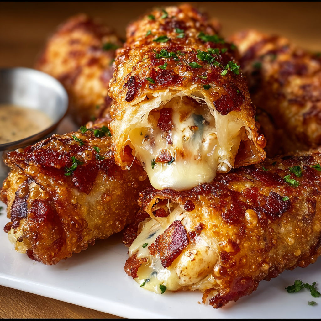 A plate of bacon wrapped appetizers with cheese and sauce.