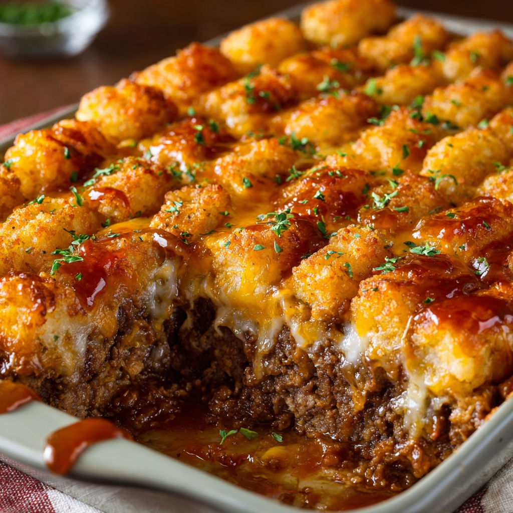 A delicious casserole dish filled with cheesy tater tots and meat.