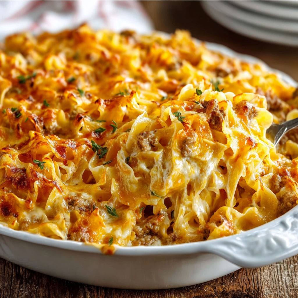 A delicious looking dish of Hearty Sour Cream Noodles.