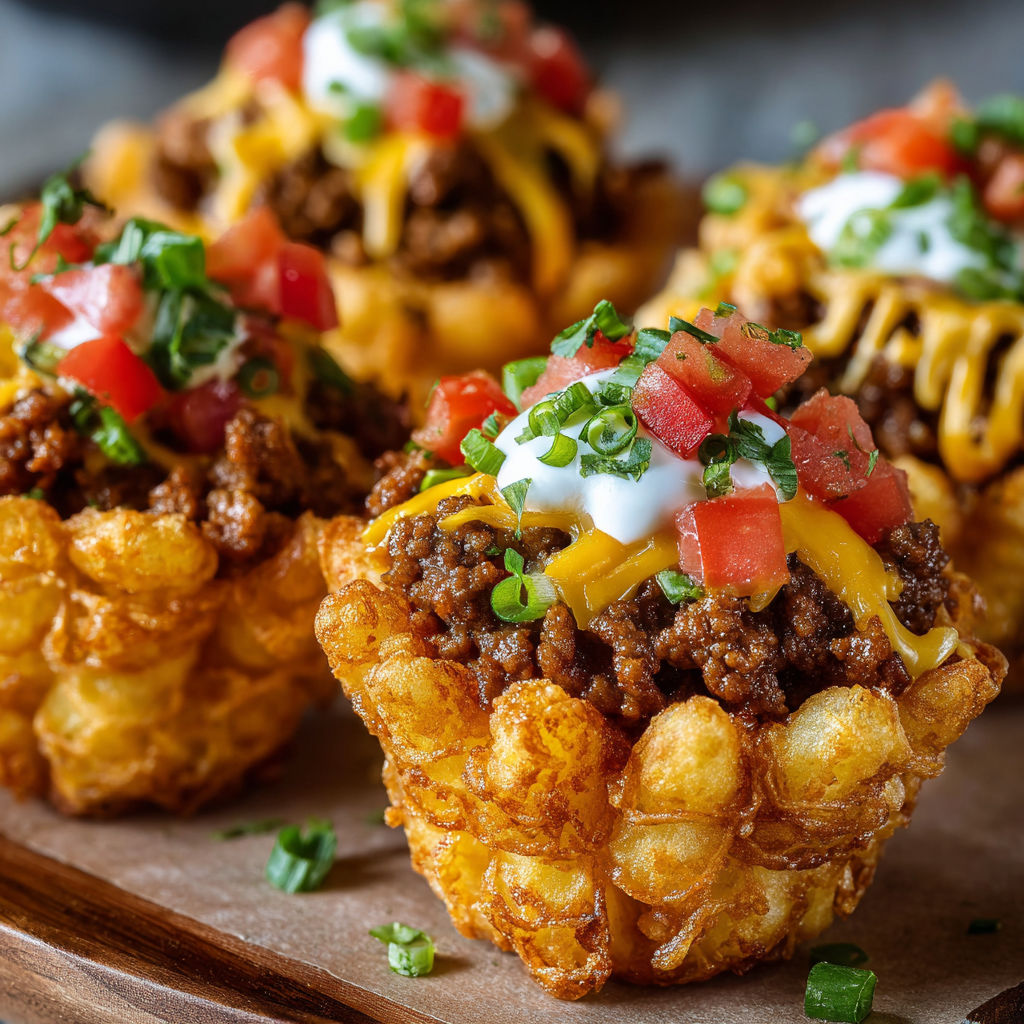 A plate of three miniature tater tots with cheese and tomatoes on top.