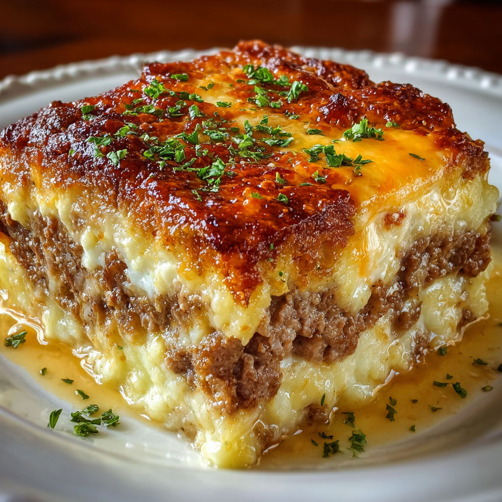 A delicious cheesy casserole dish with a golden brown crust, topped with green herbs.