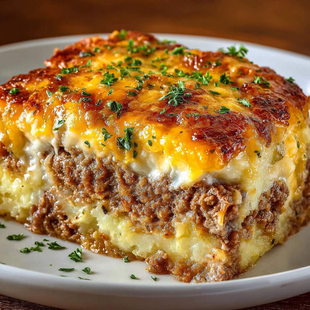 A delicious casserole dish with a golden brown crust and a generous amount of cheese, herbs, and meat.