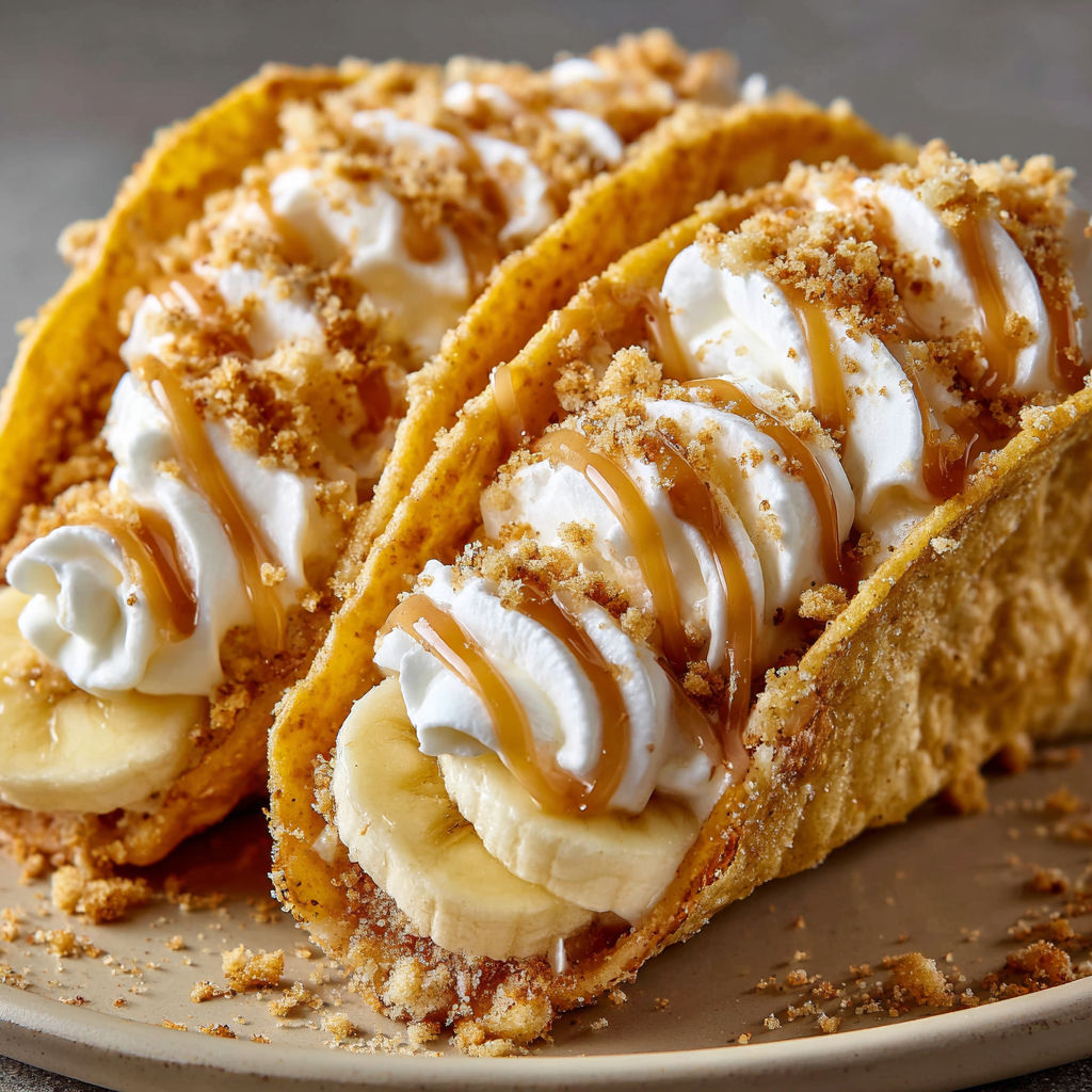 A plate of two banana cream filled tacos with whipped cream on top.