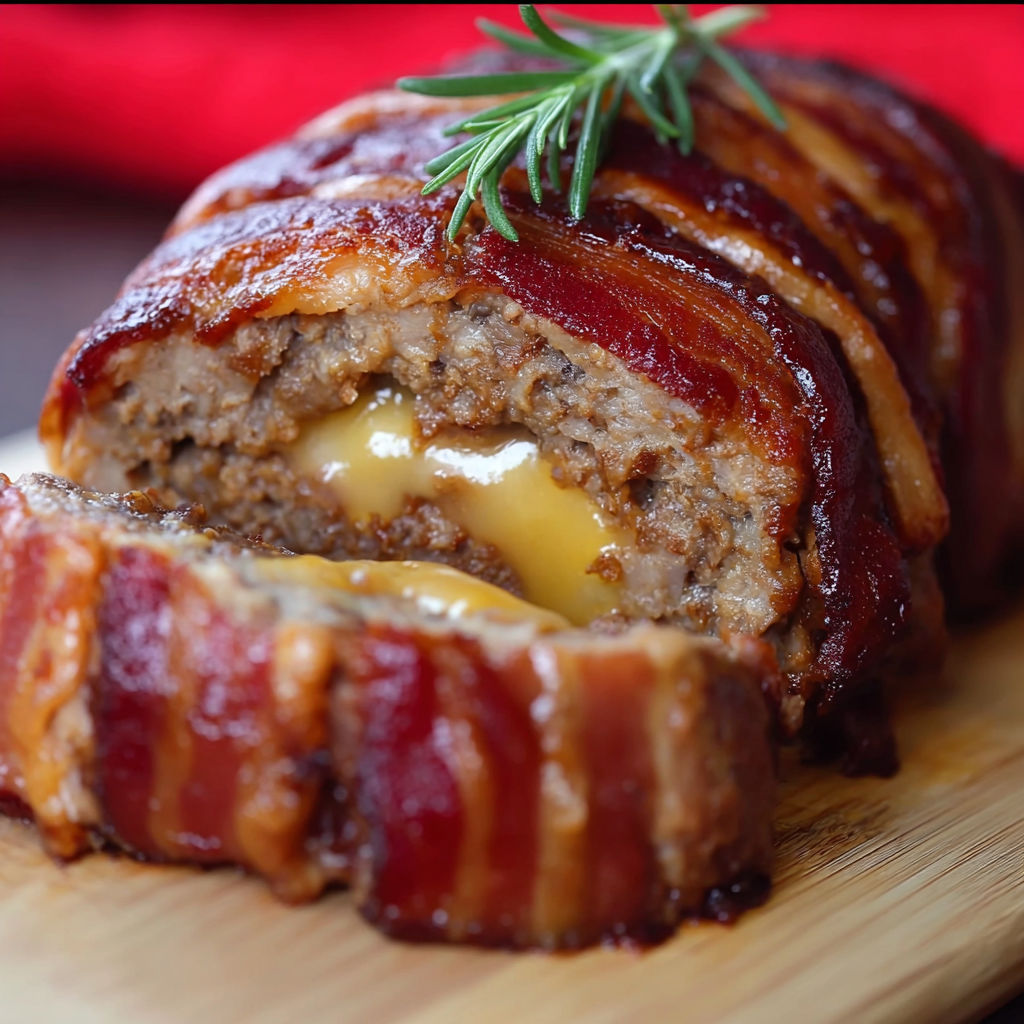 A delicious bacon wrapped meatloaf with cheese and herbs.
