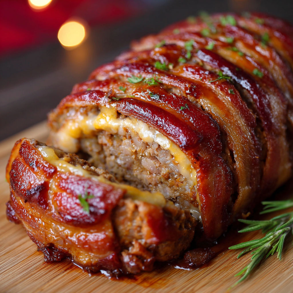 A delicious pork roast with bacon wrapped around it, sitting on a wooden cutting board.