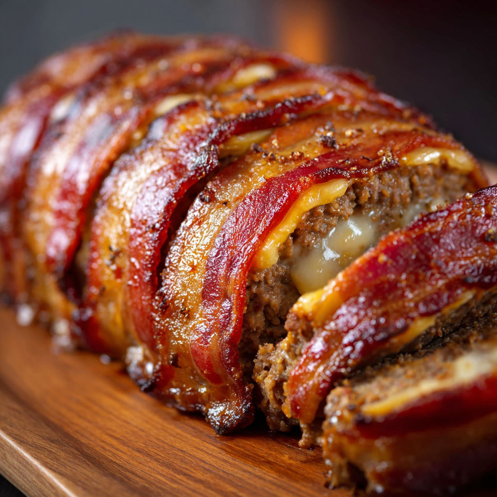 A delicious bacon wrapped meatloaf is presented on a wooden cutting board.