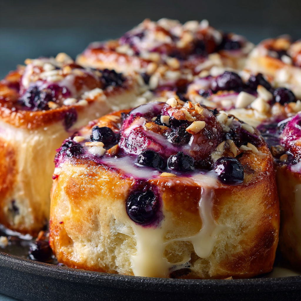 A delicious dessert, Blueberry Sweet Cheesecake Rolls, is displayed in a pan.