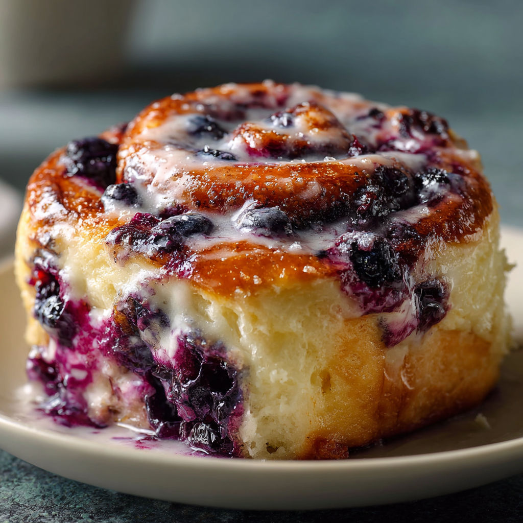 A delicious blueberry cinnamon roll sits on a plate, ready to be enjoyed.