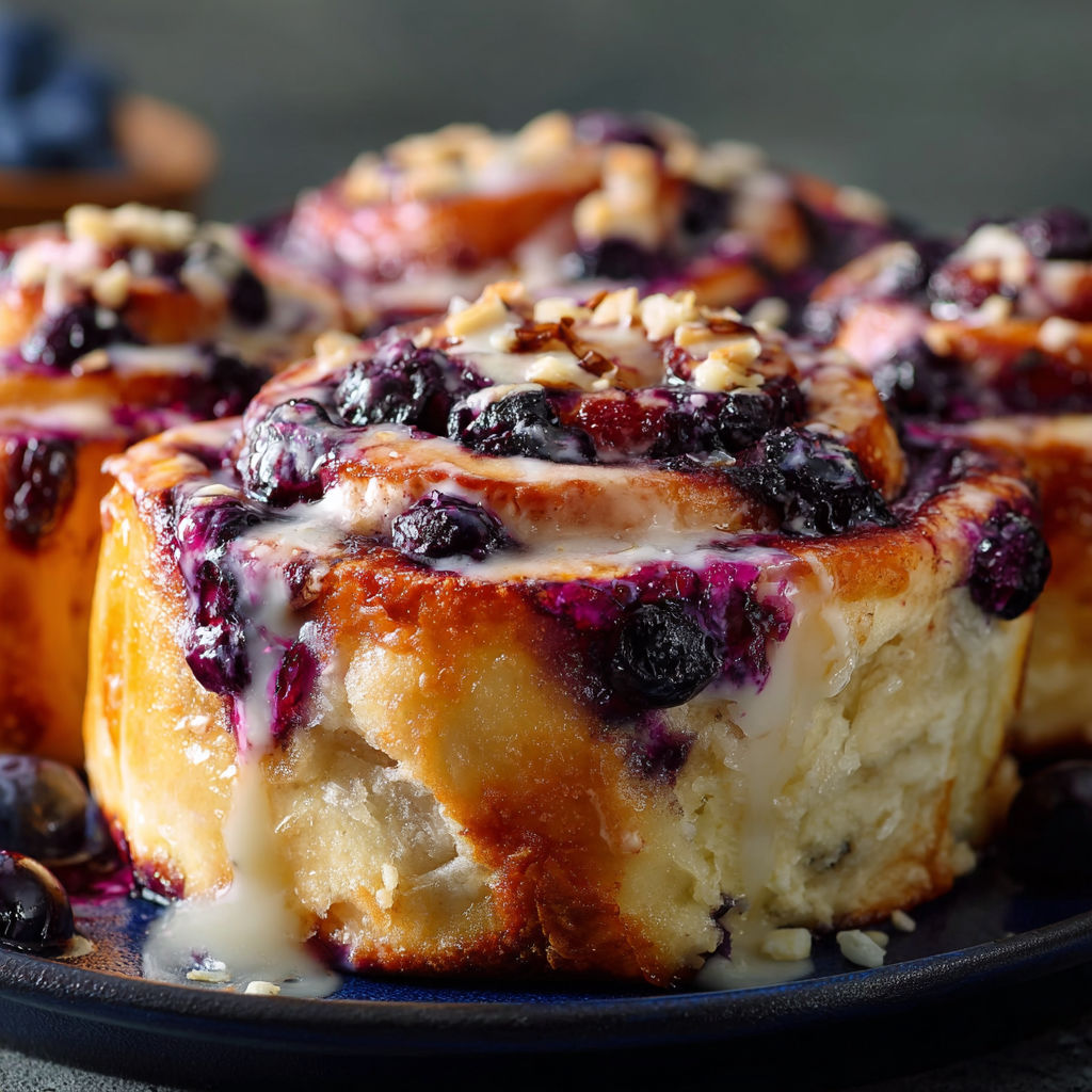 A plate of blueberry cinnamon rolls with white frosting.