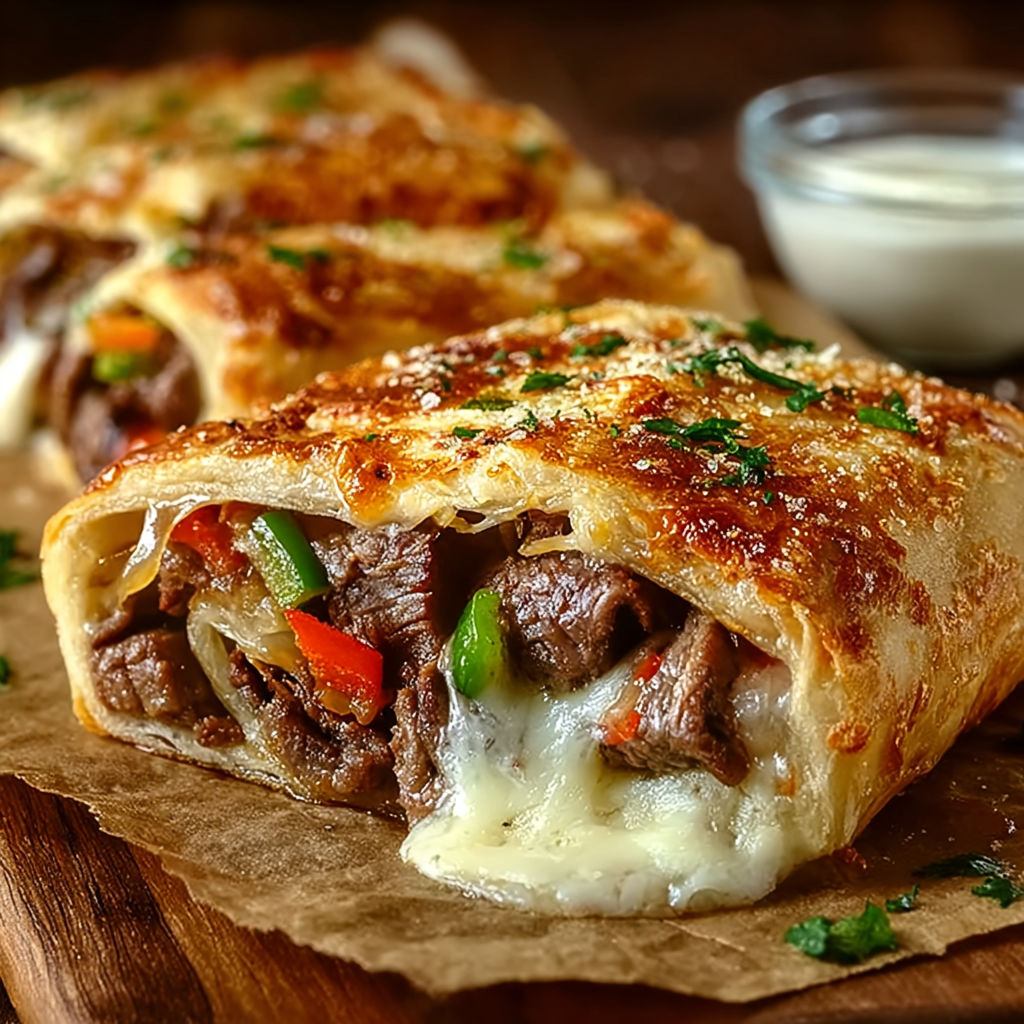 A delicious meat and cheese filled pastry is served on a wooden table.