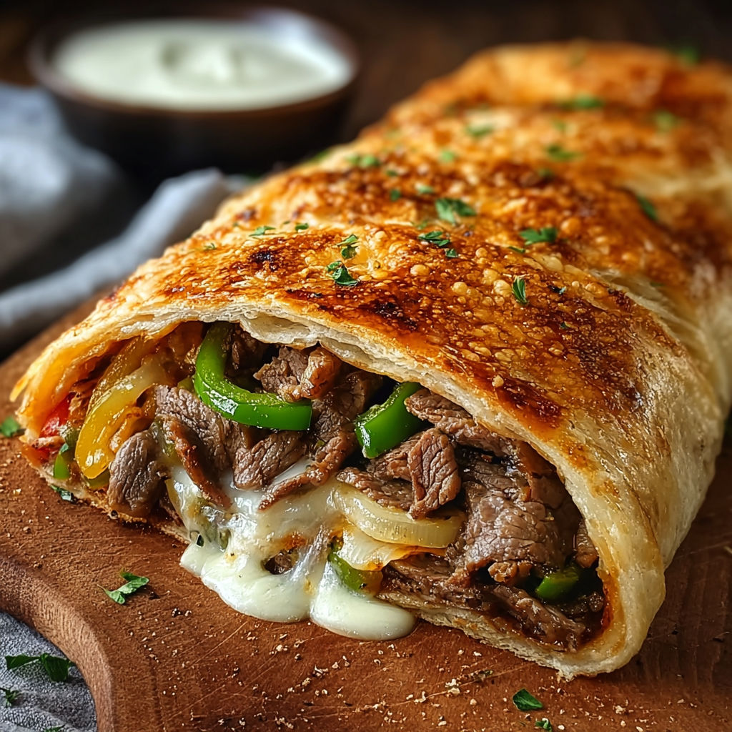 A delicious meat and pepper filled pastry is served on a wooden platter.