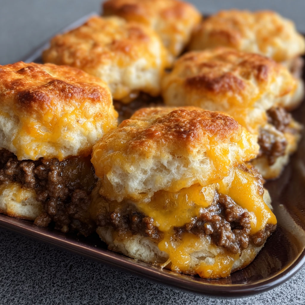 A plate of chopped cheeseburger biscuits with cheese and meat filling.