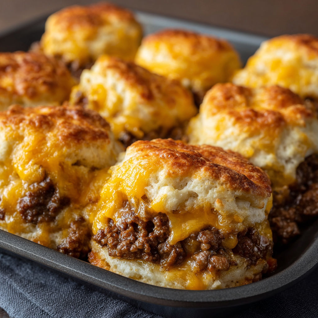 A pan of cheesy biscuits with a golden brown crust.