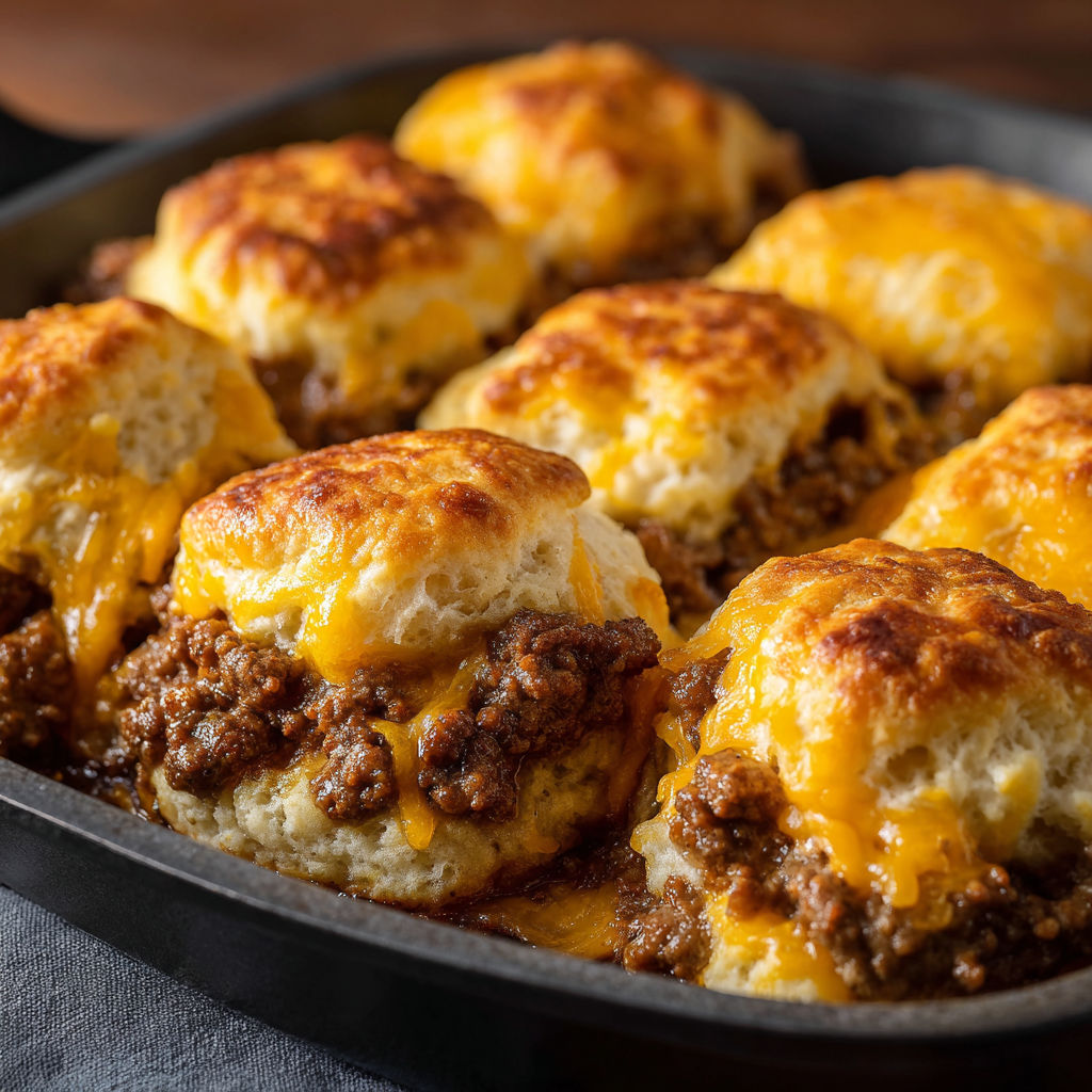 A pan of cheesy biscuits with meat filling.