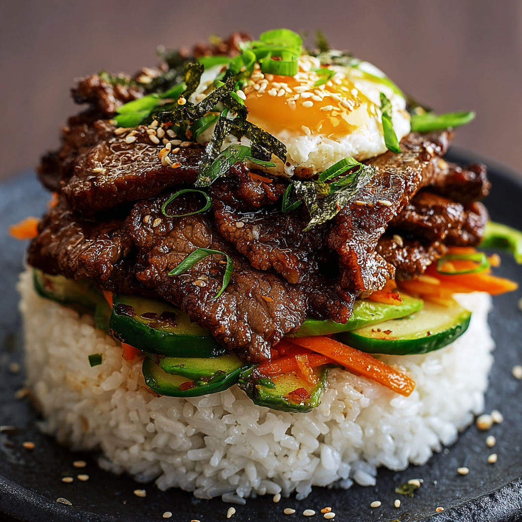 A delicious Korean BBQ Beef Rice Stack is served on a plate with rice and vegetables.