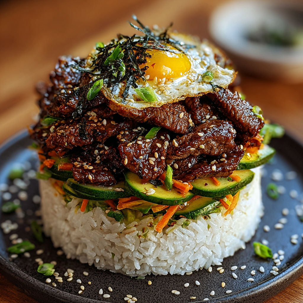A delicious Asian stir fry with rice, vegetables, and a fried egg on top.