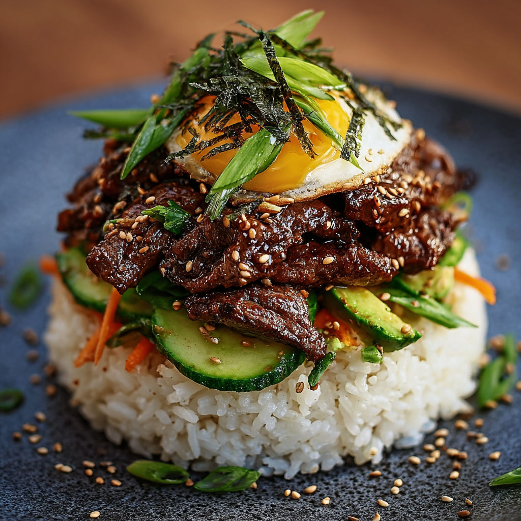 A delicious Asian stir fry with rice, vegetables, and a fried egg on top.