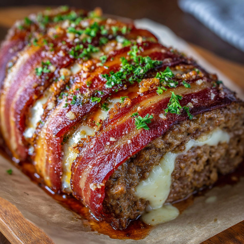 A delicious mozzarella stuffed bacon wrapped meatloaf is presented on a wooden platter.